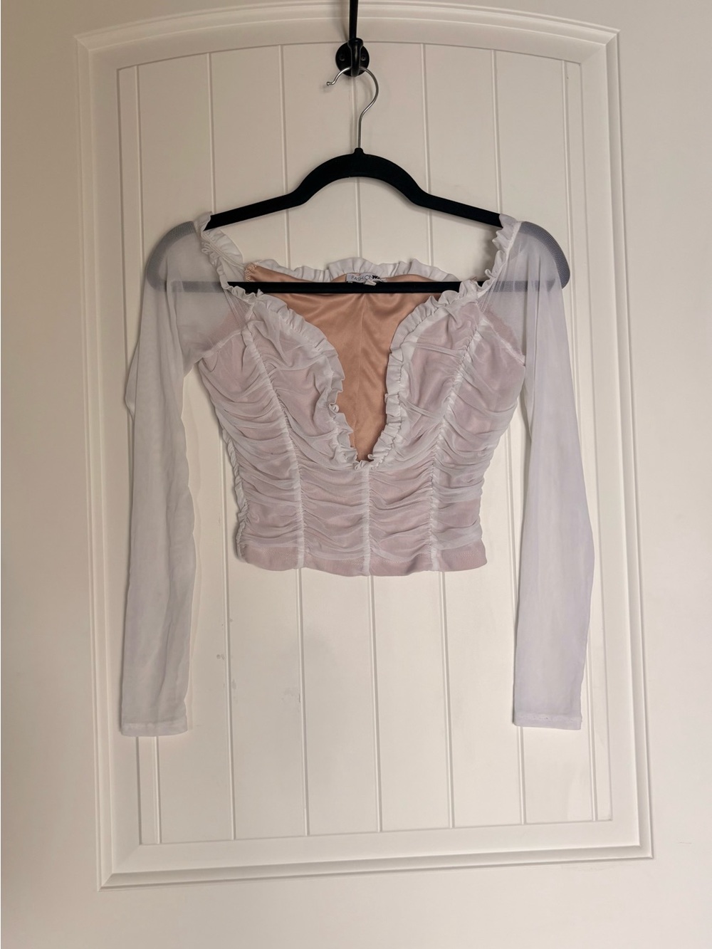 Fashion Nova Sheer Long-Sleeve Ruched Bustier Top - Light Pink